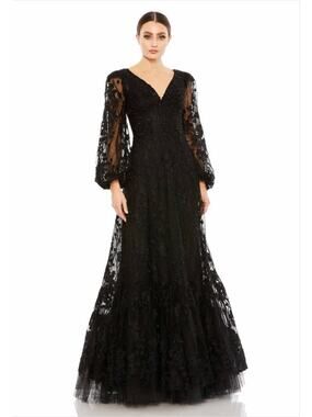Mac Duggal 20430 Black Beaded Lace Gown | Long Sleeve Formal Evening Dress NWT
